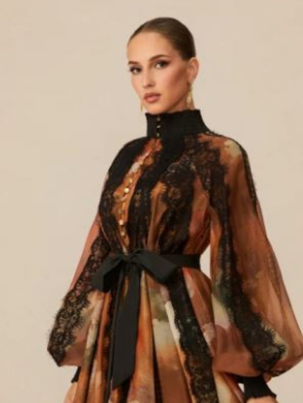 Sunfere Sheer Dress, orange w/black lace, no size listed but fits like L/XL